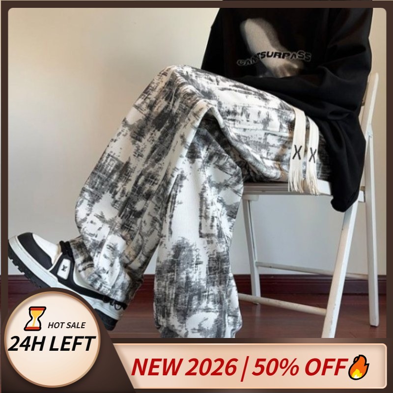FashionsunM-5XL Splash Ink Pants Thin Corduroy Straight Leg Pants Drawstring Casual Pants