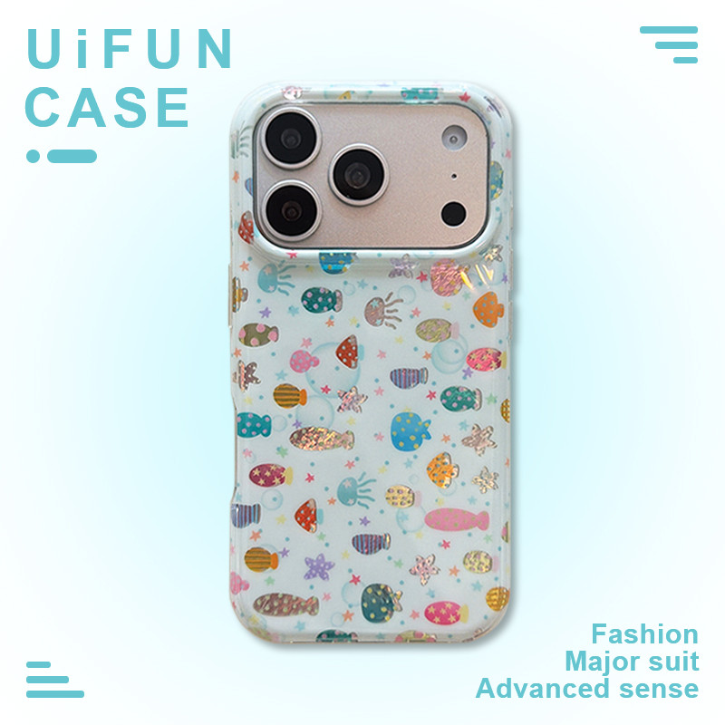 สีสัน Wave Point Fish Ocean Mobile Case ใช้งานร่วมกับสําหรับ iPhone 17 16 15 14 Pro Max 13 16Promax Big Hole Shock ทนฝาหลัง Hard IMD ปลอก