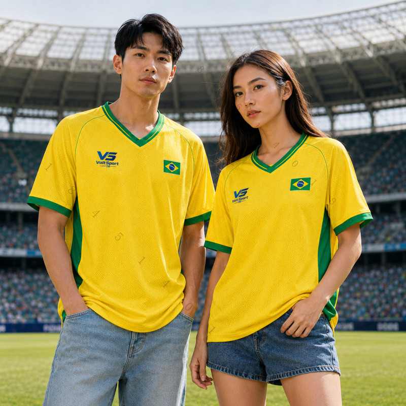 เสื้อบอลสไตล์บราซิล บอลโลก คอวีแขนสั้น เสื้อทีมกีฬา ชายหญิง สีเหลืองเขียว ใส่ซ้อมแข่ง แห้งไว ใส่สบาย