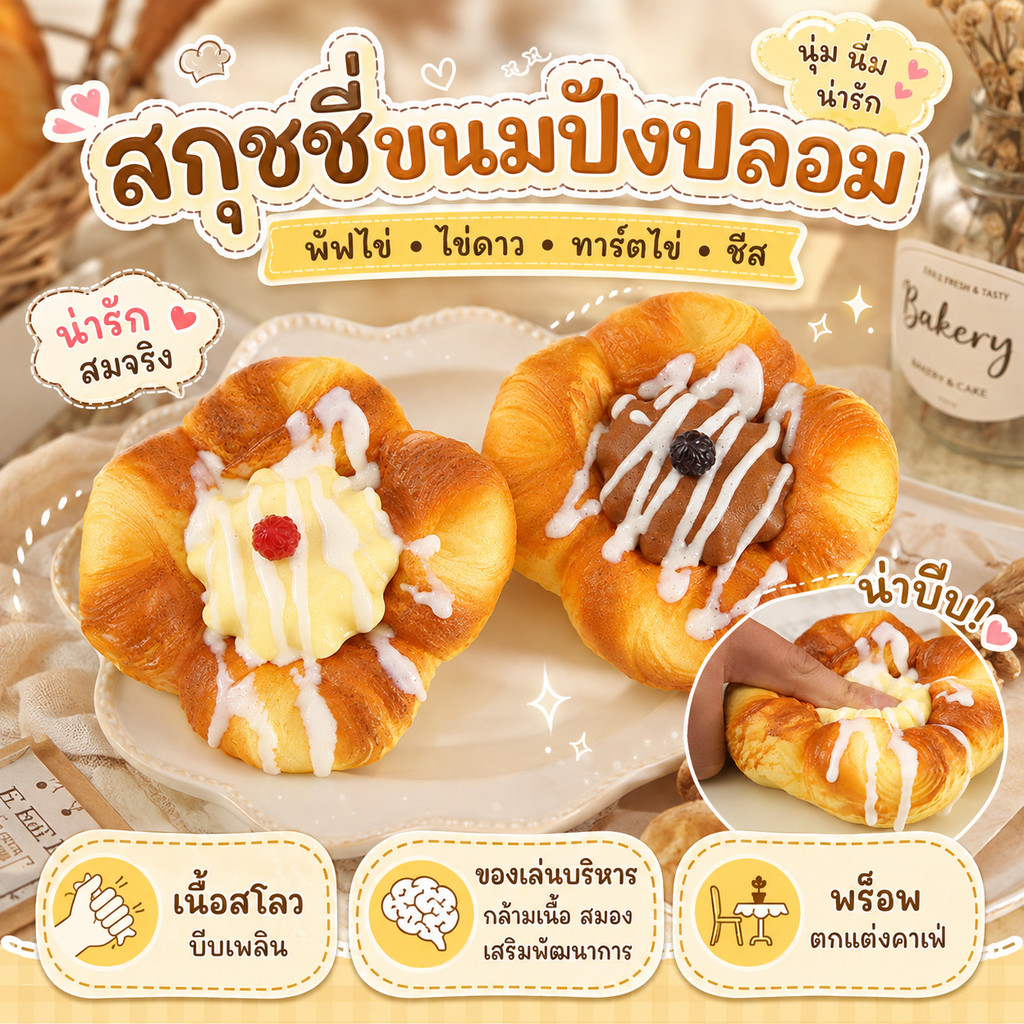 สกุชชี่พายเค้กน่ารัก ขนมปังปลอมเหมือนจริง เนื้อนุ่มสโลว กลิ่นหอม บีบเพลิน แต่งร้าน ถ่ายรูป ของเล่นบริหารมือ