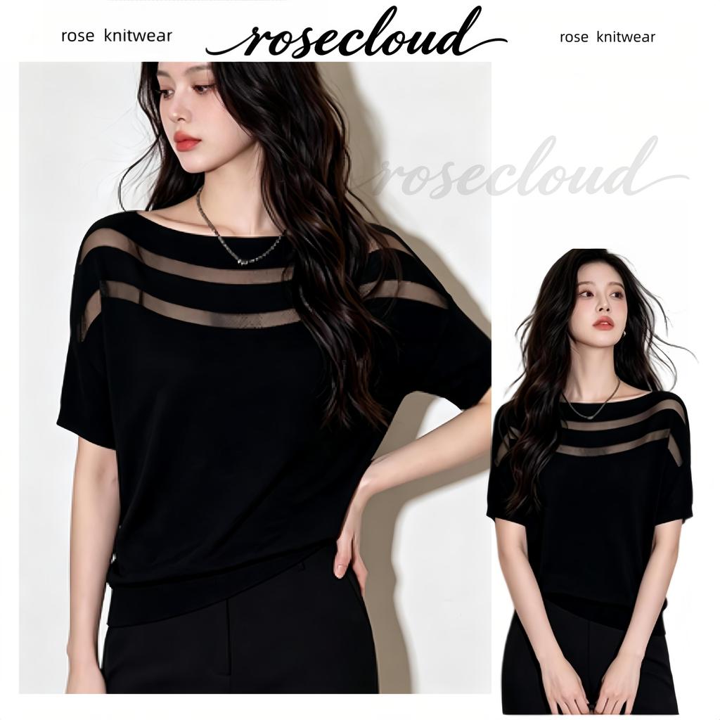 🌟rosecloud🌟เสื้อถักไหมน้ำแข็งแบบเปิดไหล่ทรงแขนค้างคาวสไตล์ยุโรปสำหรับผู้หญิง ใส่สบายในฤดูร้อน ดูสง่างาม ทรงหลวม