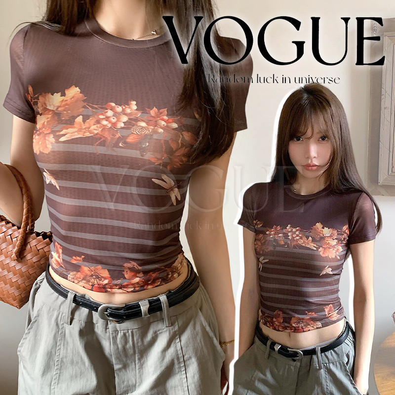 Vogue🌟พร้อมส่ง🌟 เสื้อยืดผู้หญิงสไตล์เกาหลีแขนสั้น พิมพ์ลายดอกไม้ รัดรูปสวมใส่ง่าย (2291)