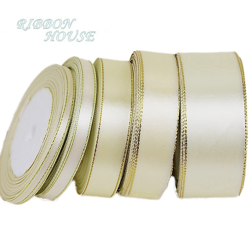 (25หลา/ล็อต) สีขาวครีมทองขอบริบบิ้นริบบิ้นคุณภาพสูงซาตินริบบิ้นบรรจุภัณฑ์ของขวัญริบบิ้น