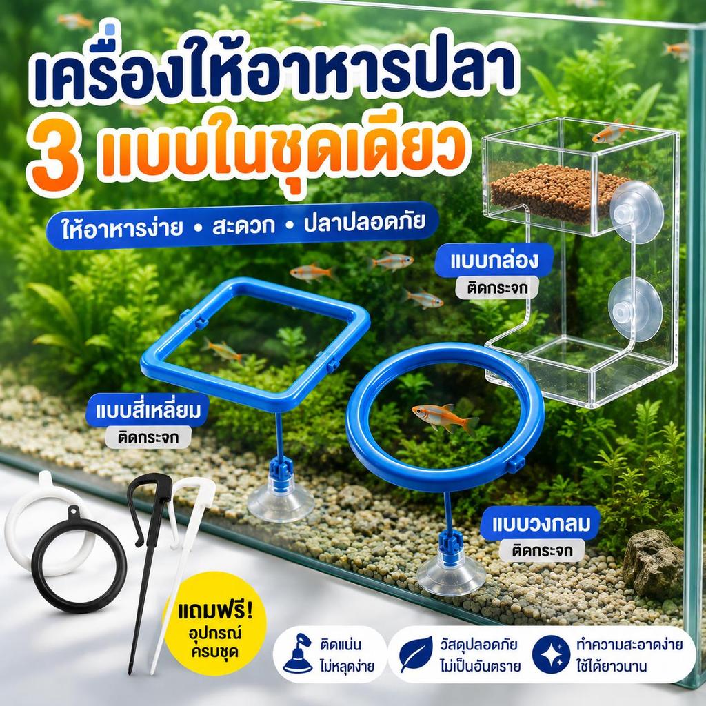 【Pet Zap】พร้อมส่ง กรวยให้อาหารปลา ห่วงให้อาหารปลา ตู้ปลา อะคริลิคใส ทรงสี่เหลี่ยม ทรงกลม แบบใส จุ๊บติดกระจก CW-069