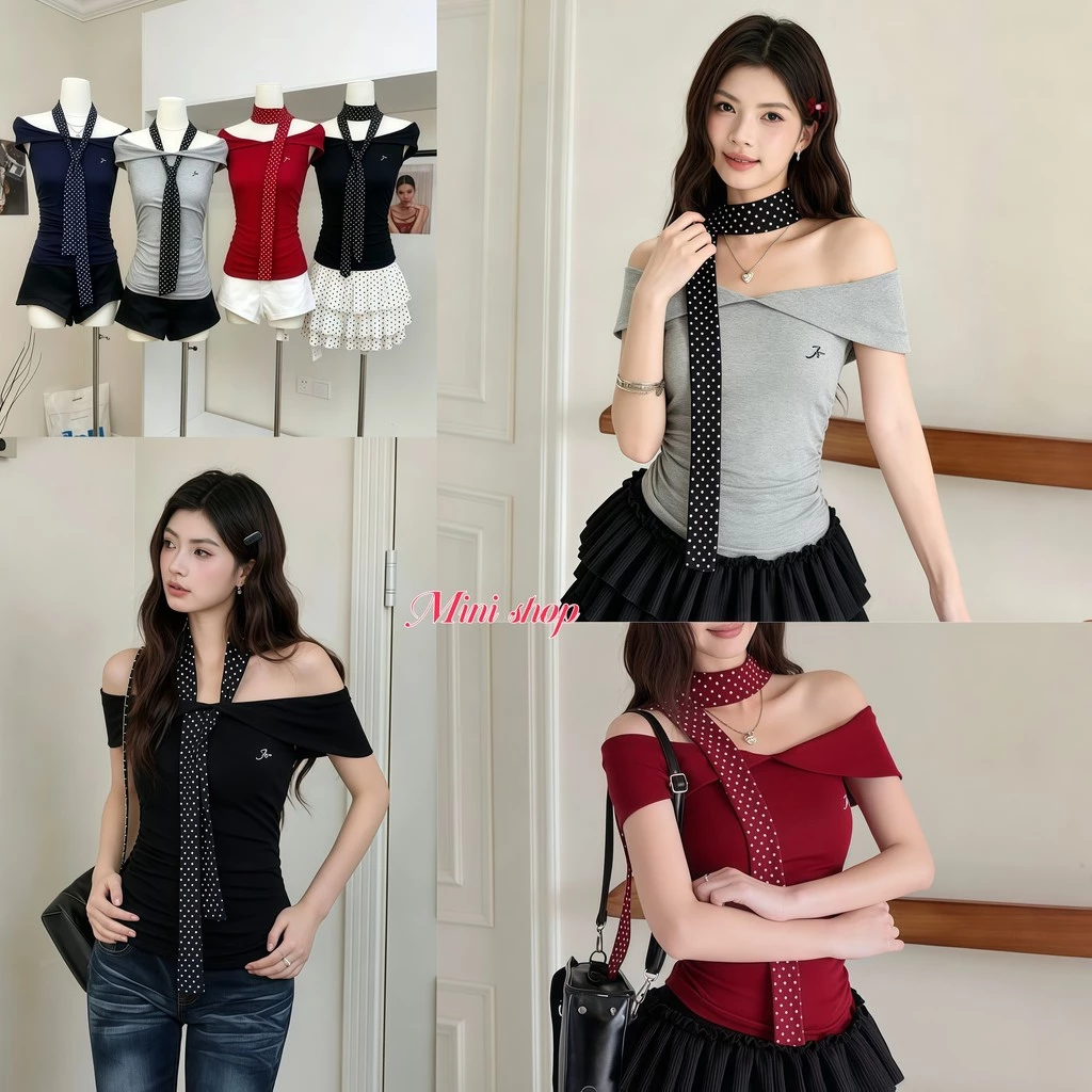 Mini shop🌸พร้อมส่ง เสื้อเปิดไหล่คลุมไหล่ พร้อมเนคไทลายจุด ทรงรัดพอดี สไตล์สาวแซ่บ-FY3017