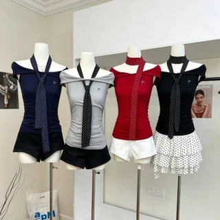 Mini shop🌸พร้อมส่ง เสื้อเปิดไหล่คลุมไหล่ พร้อมเนคไทลายจุด ทรงรัดพอดี สไตล์สาวแซ่บ-FY3017