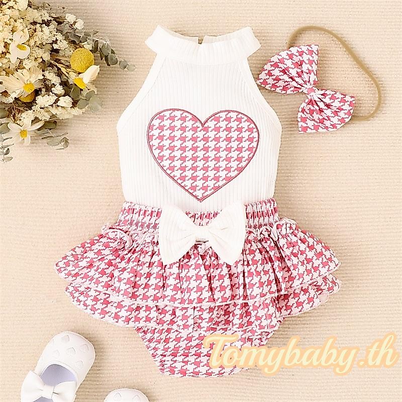 Tomybaby- เสื้อกล้าม แขนกุด ปักลายหัวใจ + กางเกงขาสั้น + ที่คาดผม เสื้อผ้าเด็กทารก 3 ชิ้น