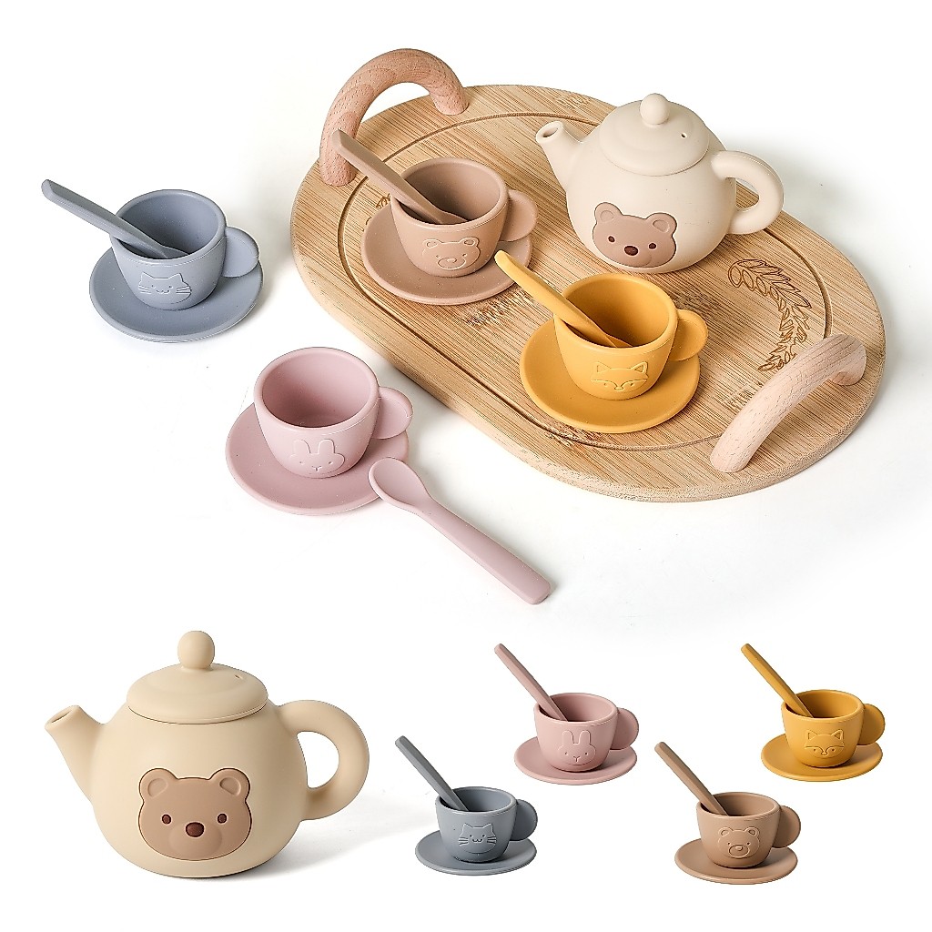 ของเล่นชุดชาจําลองสําหรับเด็ก ชุดน้ําชายามบ่าย ซิลิโคน Montessori ของขวัญ