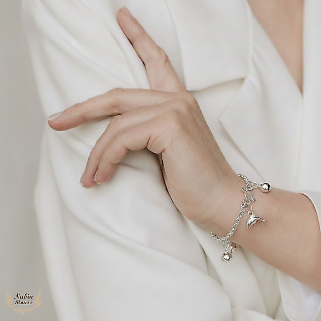 สร้อยข้อมือเงินแท้ 92.5 ลายผ่าหวายห้อยรูปปลาโลมาทั้งเส้น