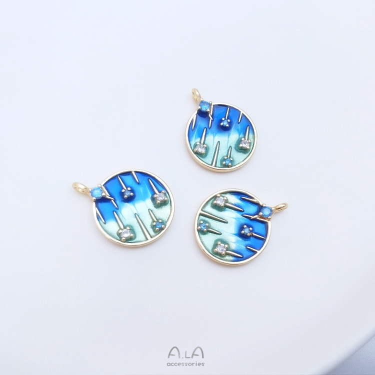 สีระบุ 14K Gold หยดน้ํามัน Blue Planet โรแมนติก Starry Sky Meteor Zircon รอบแผ่นจี้ diy สร้อยคอจี้ E