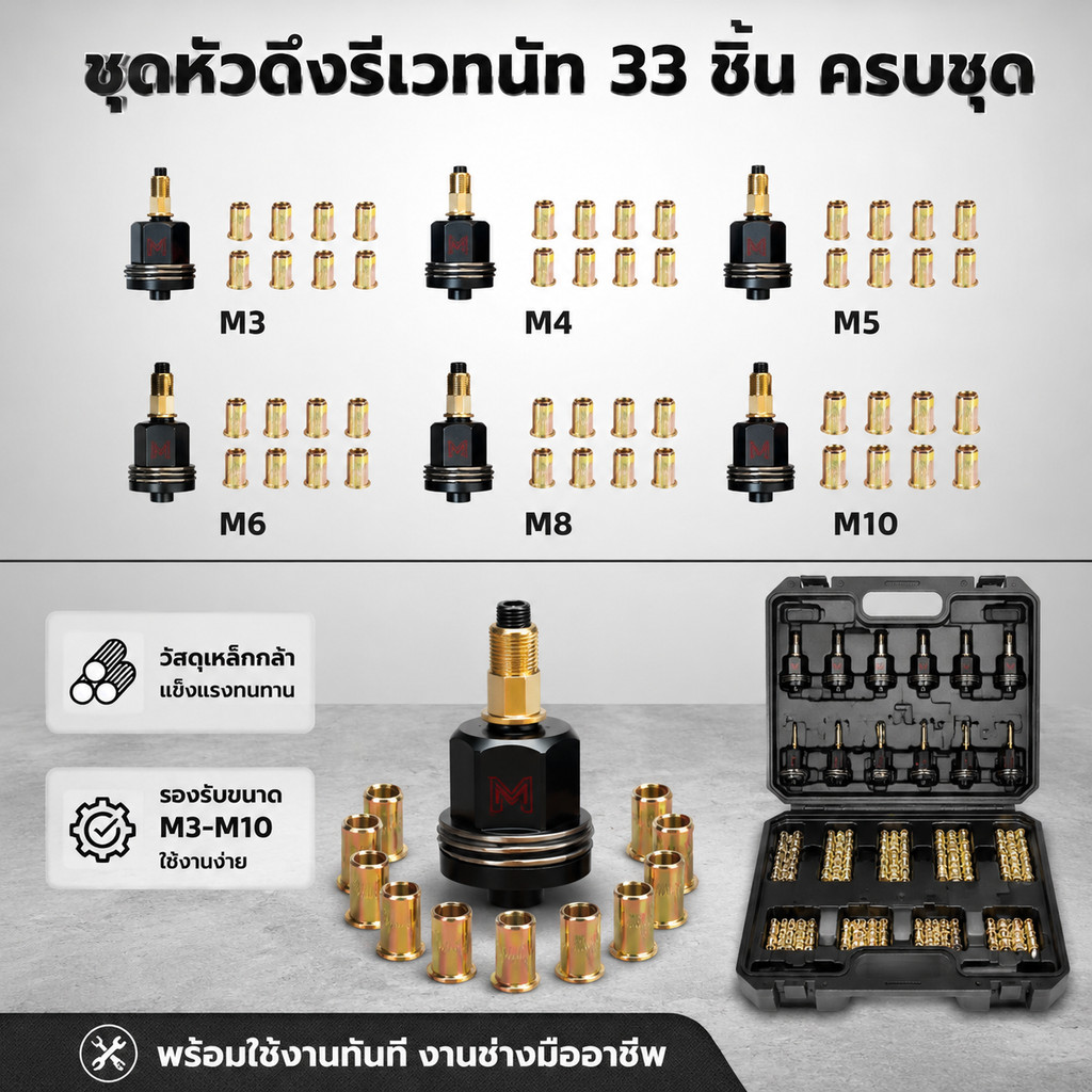 ชุดหัวดึงรีเวทนัทพร้อมนัทรีเวททองเหลือง ใช้งานทันที ชุดหัวดึงรีเวทนัท 33 ชิ้น ครบชุด รองรับ M3-M10 ทนทาน ไม่สึกหรอเร็ว