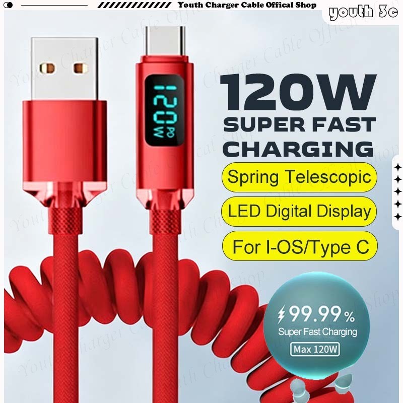 120W Ultra Fast สายชาร์จข้อมูล LED Digital Display USB to Type C สายชาร์จโทรศัพท์ Coiled ฤดูใบไม้ผลิ