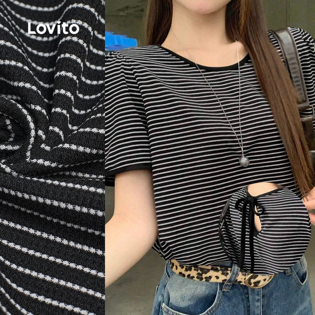 (แคชชวล) Lovito เสื้อยืดแบบตัดรูปลายผูกหลังโบว์ สำหรับฤดูใบไม้ผลิ/ฤดูร้อน สีดำ สำหรับผู้หญิง เกาหลี อินเทรนด์ L243AD634