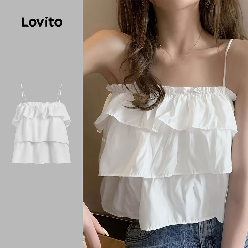 Lovito เสื้อลําลองผู้หญิงสไตล์รีสอร์ทชั้นบนแบบลําลองสีขาวสําหรับฤดูใบไม้ผลิ/ฤดูร้อน LK4PAD436