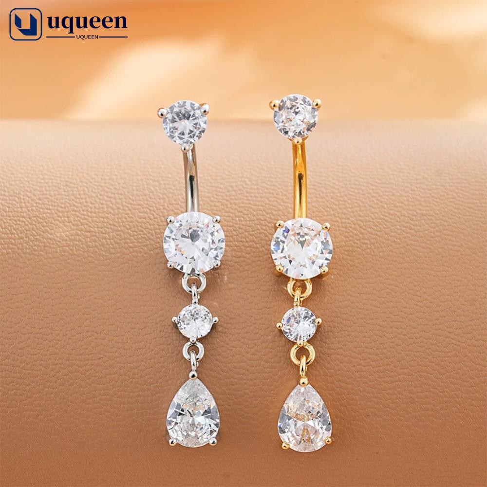 UQUEEN Gold Tone สแตนเลสสตีล Belly ปุ่มแหวนดอกไม้ CZ คริสตัล Dangle สะดือแหวน Barbell เจาะเครื่องประ