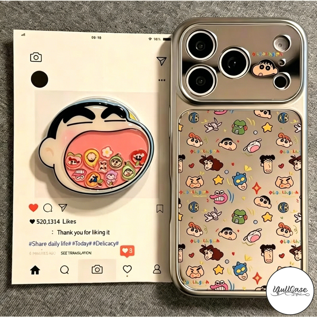 เคสกระจกสีเงิน ลายชินจัง ขาตั้ง สไตล์ฮิตกันกระแทก น่ารักสำหรับIPhone 17 16 14 Air 15 11 13 12 Pro Max X XS XR 15 16 Plus