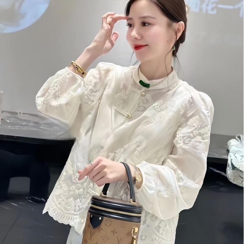 ใหม่สไตล์จีนสไตล์แห่งชาติหัวเข็มขัดปักเสื้อลูกไม้ผู้หญิงฤดูใบไม้ผลิฤดูร้อน High-End โคมไฟแขนหลวม All-Match อายุ-สีแดง