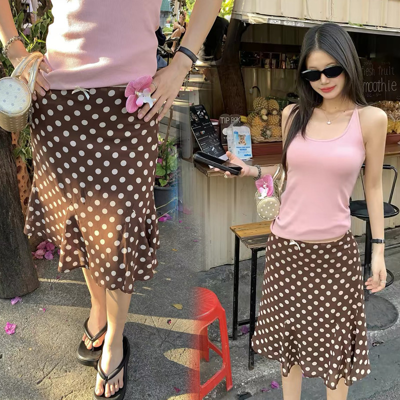 Dahong  Dot Set ฤดูร้อนสะโพกห่อกระโปรงหางปลาสีน้ําตาลกระโปรงลายจุดกระโปรงผู้หญิง  99500/99501