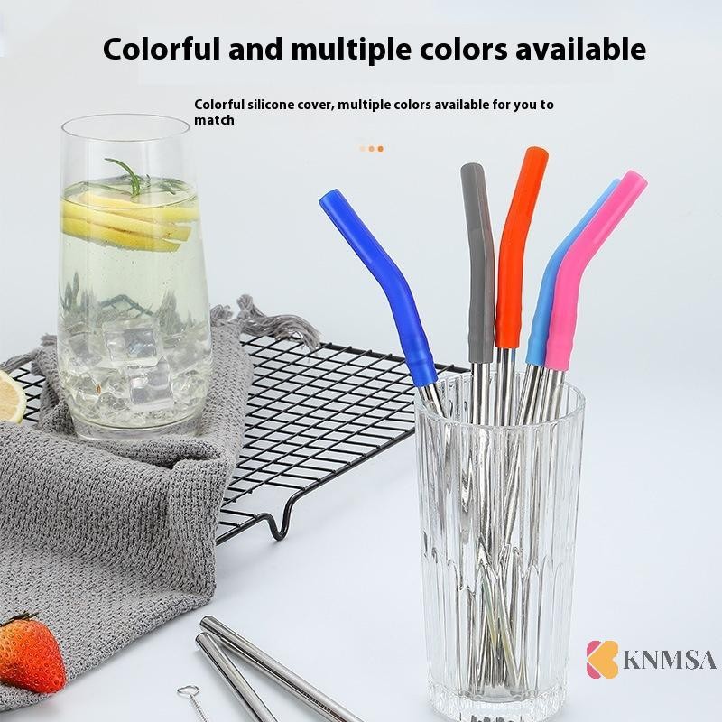 KNMSA] Long Metal Straw Without Silicone Tips Cleaning Brush Stainless Steel Drinking Straw With Cov