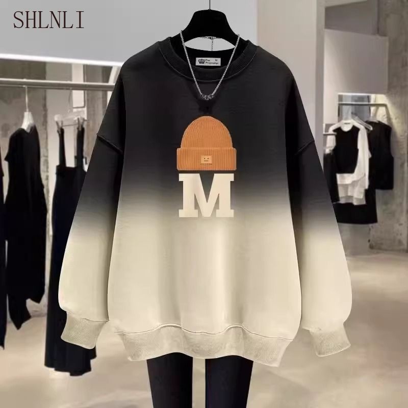 เสื้อกันหนาวผู้หญิงสไตล์ใหม่ ฤดูใบไม้ผลิและฤดูใบไม้ร่วง ไล่โทนสีตัวอักษร ขอบรอบคอชัดเจน เหมาะสำหรับสวมใส่ลำลอง