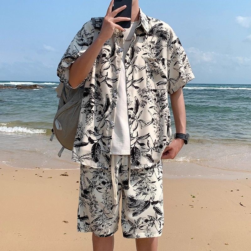 ฮาวายเซตชายหาด กางเกงขาสั้นสูทผู้ชาย อินเทรนด์และหล่อสำหรับสวมใส่วันพักผ่อนริมทะเลในฤดูร้อน