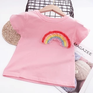 ใหม่ เสื้อยืดผ้าฝ้าย 100% แขนสั้น ปักลายหัวใจ สีรุ้ง สําหรับเด็กผู้หญิง 2026 P980