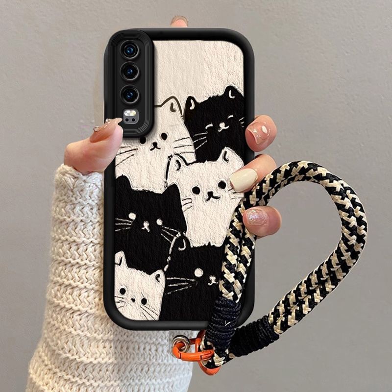 ปลอกสําหรับ Huawei P30 P30 PRO P40 P50 P20 Pro P20 เคสโทรศัพท์พร้อมเชือกเส้นเล็กความงามน่ารักสีดําสีขาวแมวซิลิโคน TPU Soft Shell ดีไซน์ใหม่กันกระแทก