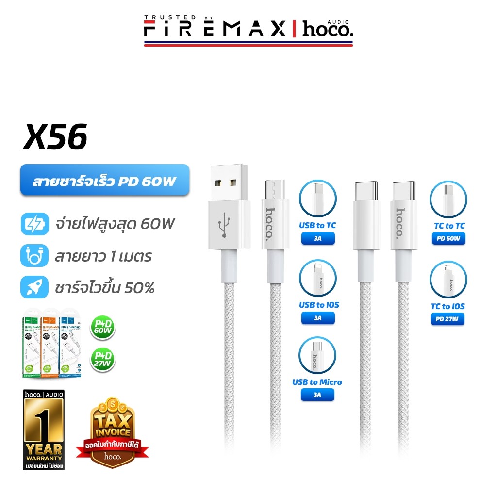 HOCO X56 สายชาร์จเร็ว PD 27w สำหรับ iOS รุ่น 11 – 14 / iOS จ่ายไฟ 3A / TC-TC 60w / Type-C / Micro  |  data cable hc1 ราคา ถูกที่สุด ดีลบีเคเค