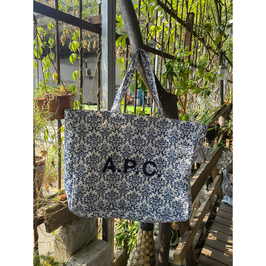ผ้าฝ้าย 100% APC Blue White Porcelain พิมพ์ APC Denim กระเป๋าผ้าใบแนวตั้งกระเป๋าช้อปปิ้งส่งญี่ปุ่นเก
