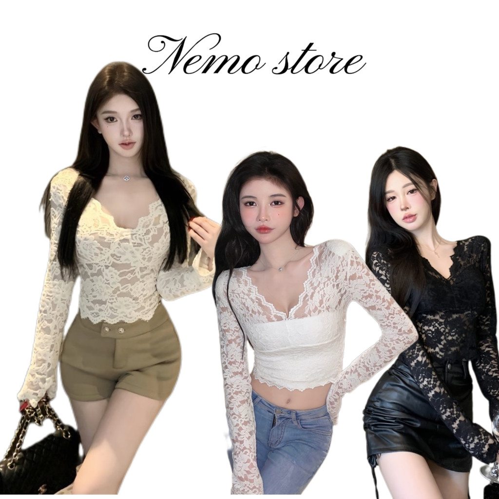 Nemo store🌸#FY2575 เสื้อลูกไม้ คอวี แขนยาว ซีทรูเซ็กซี่ไม่ไหว น่ารักไม่ไหวสีพื้นๆ
