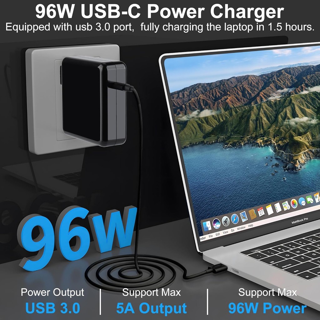 96W USB C แล็ปท็อปชาร์จ, Universal USB Type C Power Adapter สําหรับ Dell, HP, Thinkpad, ASUS, Acer, 