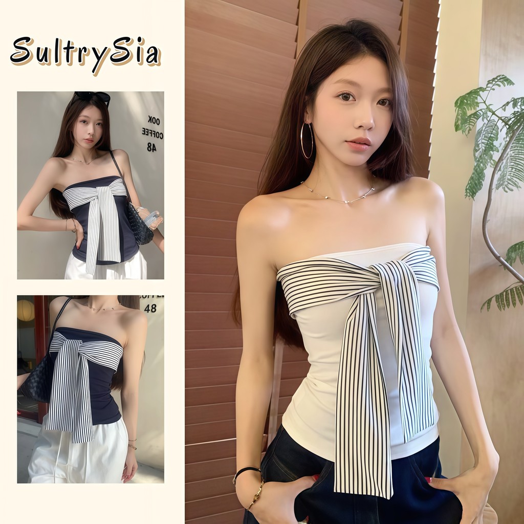 SultrySia ผ้าใส่สบาย เกาะอก เข้ารูป เสื้อเกาะอกเสริมฟองน้ำ ผ้านุ่มนิ่ม สีพื้น ดีเทลแต้งโบว์ลายทาง 