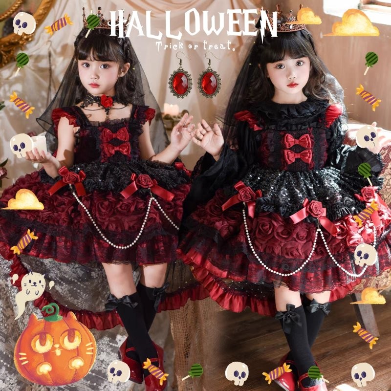 Fancy Kids Halloween Lolita Dress - Black & Red Rose Lace Puff Skirt for Party Performance