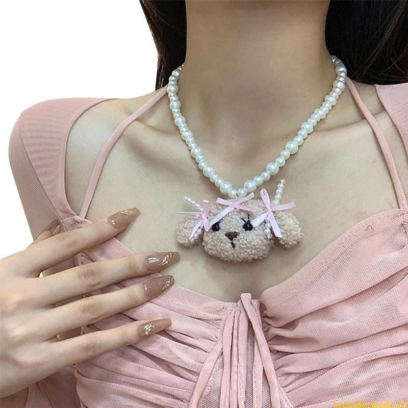 Wonder Pink Bowknot Pearl Beaded Necklace for Women Girls Cartoon Dog Pendant Necklaces