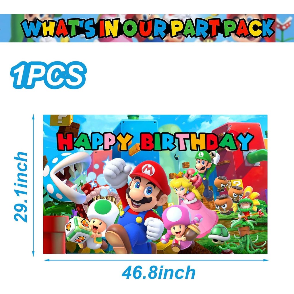 1 ชิ้น Mario Party ตกแต่งแบนเนอร์พื้นหลังการถ่ายภาพสําหรับเด็กวันเกิด Mario Photo Booth Props (4.16X