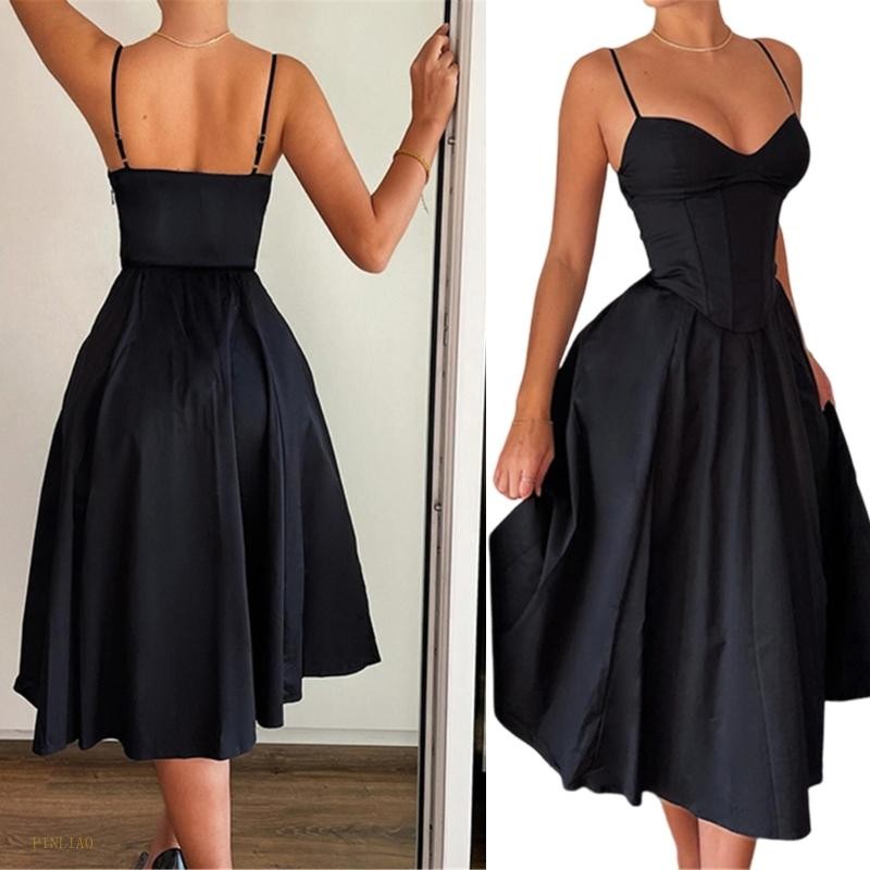 PLT ชุดแม็กซ์xi สตรี ลายV คอ สปaghетตี้ สายรัด bustier แขนกุด