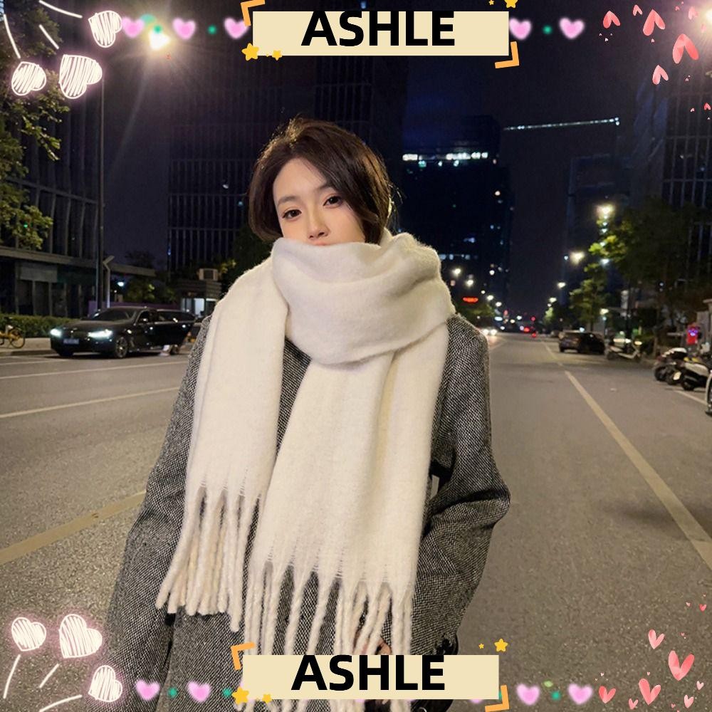 ASHLE ผ้าพันคอพู่ยาว, Mohair สีทึบผ้าพันคอแคชเมียร์ฤดูหนาว, Wrap หนา Warm Soft Fringed ผ้าคลุมไหล่หญิง