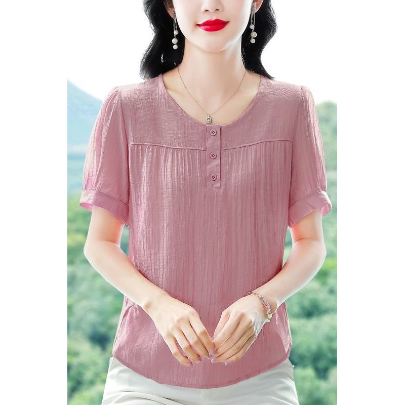 2024 เสื้อแขนสั้นบางด้านบนเสื้อยืดหญิงแม่สไตล์ตะวันตกหลวมท้องรอบคอแฟชั่นหญิง 9.11 wfL