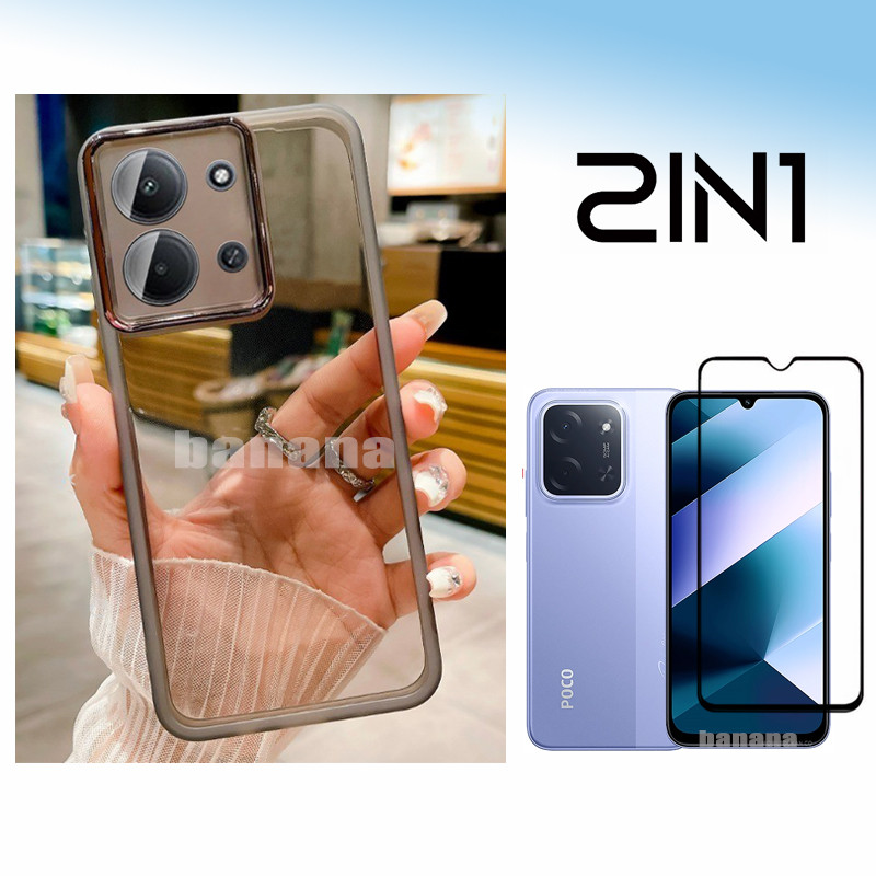 สําหรับ Poco C85 เคสโทรศัพท์ซิลิโคนกันกระแทกพร้อมฟิล์มป้องกันกล้องฝาหลังสําหรับ Poco C75 ฟิล์มกระจกน