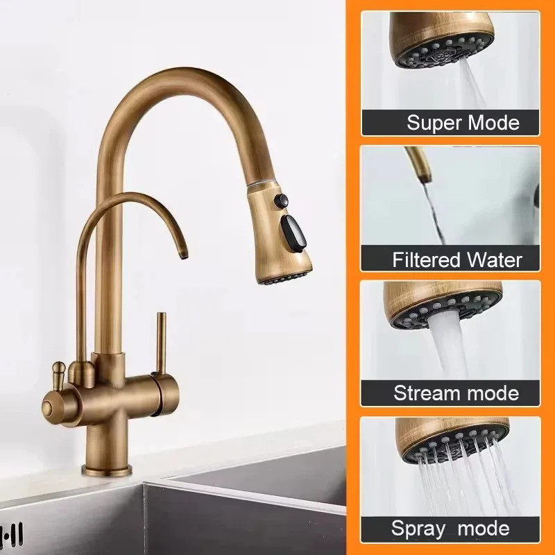 Pull-out Antique-style Kitchen Faucet Multifunctional Water Kitchen Faucet Kitchen Sink Faucet 2 Swi