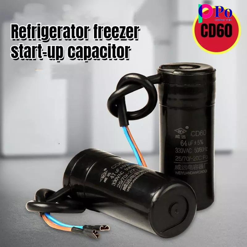 Cd60 ตู้เย็นตู้แช่แข็งคอมเพรสเซอร์สตาร์ทตัวเก็บประจุ 47uf/64uf/75uf/80uf/88-108UF 330VAC 38 X 98 มม.