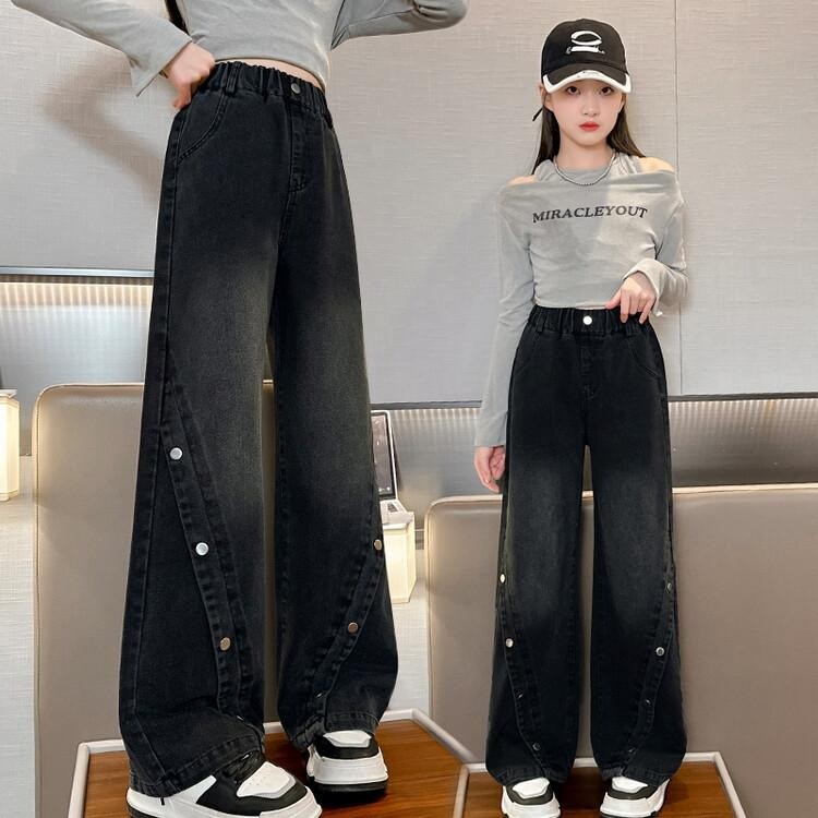 Girls Straight Slight Wide Jeans กางเกงยีนส์เอวยางยืด สวมใส่ง่ายและสบายสำหรับวัน.daily.use