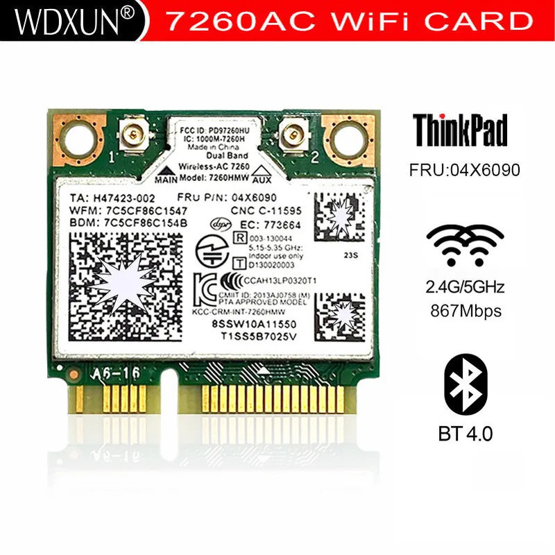 Dual Band Wireless-AC 7260 7260AC 7260HMW การ์ดเครือข่าย 4.0 อะแดปเตอร์บลูทูธ mini PCI-E 867Mbps สํา