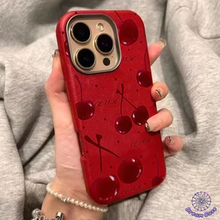เคสไอโฟน 11 น่ารักสีแดงเชอร์รี่พื้นผิวหนังนุ่ม สำหรับ IPhone 17 AIR 16 13 15 11 14 12 Pro Max 16 14 15 Plus XR X XS Max