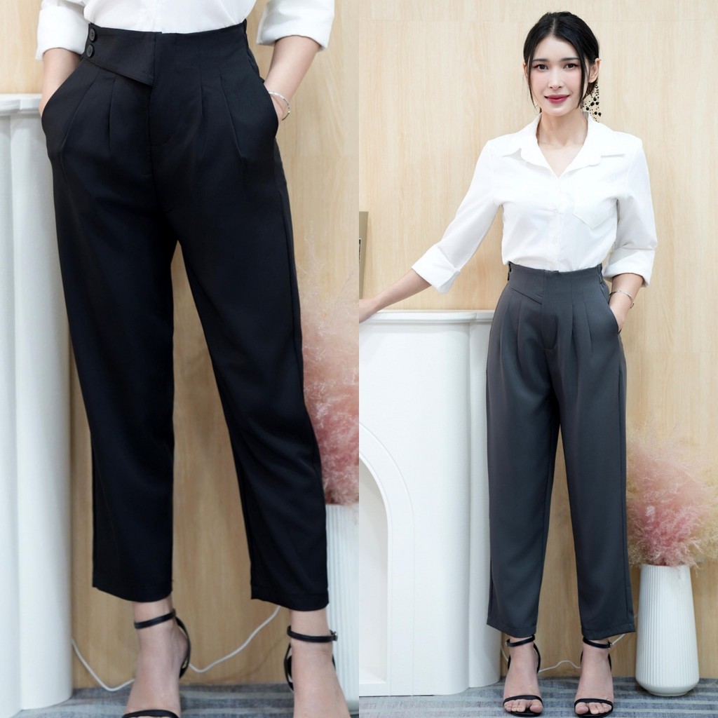 กางเกงขายาว เอวสูง สม็อคหลัง งานซิปหน้าแต่งติดกระดุมข้าง แนวเรียบง่าย ผ้าฮานาโกะ ใส่สบายมาก