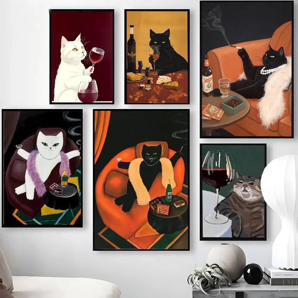 โปสเตอร์ภาพวาดสไตล์แมวในไวน์ สไตล์ทันสมัย สำหรับบ้าน บาร์ และร้านกาแฟ