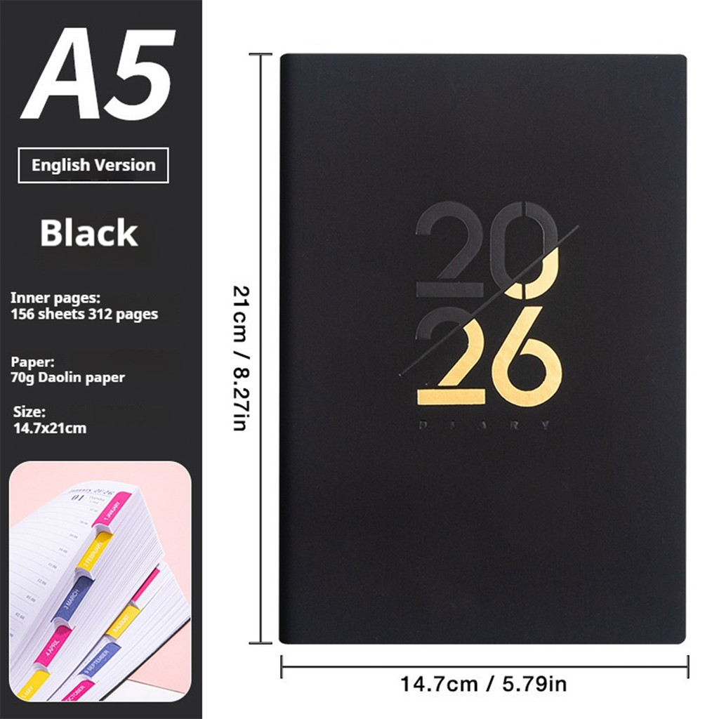 2026 Planner A5 กําหนดการภาษาอังกฤษแผนรายปีสมุดบันทึกรายวัน 70GSM กระดาษบุ๊คมาร์คปฏิทินเครื่องเขียน