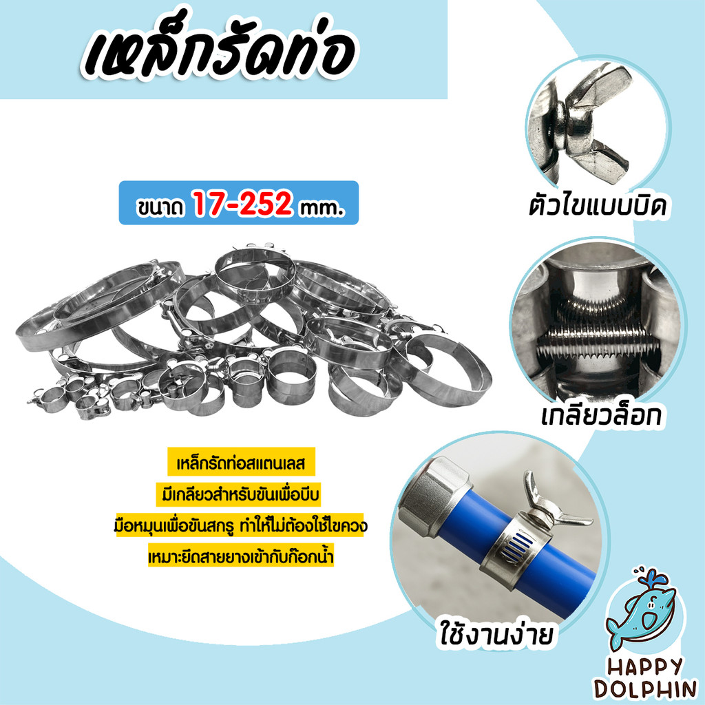 เหล็กรัดท่อ สแตนเลส 304 ขนาด 17-252mm (แคลมป์รัดท่อ/เข็มขัดรัดท่อ ปรับขนาดได้) “กันสนิม ทนทาน ราคาส่ง