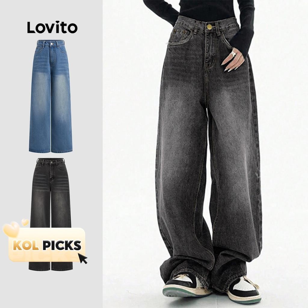 (KOL‘s pick) Lovito กางเกงยีนส์พ็อกเก็ตวิสกีร์แมวธรรมดาสำหรับผู้หญิง L106AD1240