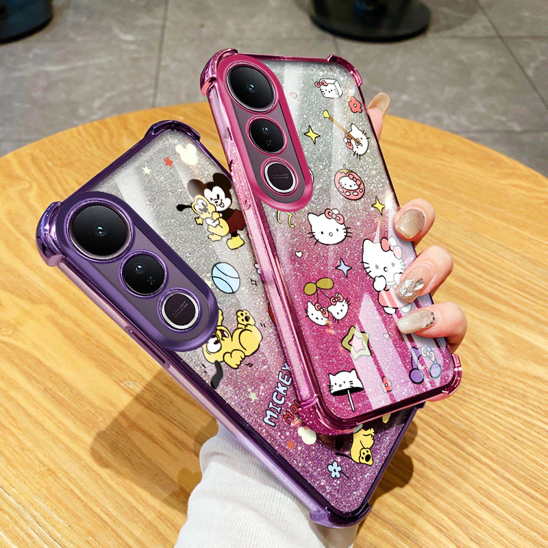 YBDเคสโทรศัพท์นุ่มสําหรับVivo V70 FE V60 Y200 Y300 V40 Lite V50 Lite V50E V40 Pro V30 Proการ์ตูนMickeyและHello Kitty AntiFallถุงลมนิรภัยเกราะป้องกัน